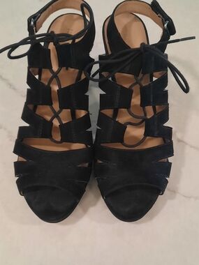 Women's Black Suede Strappy Lace-Up Sandals